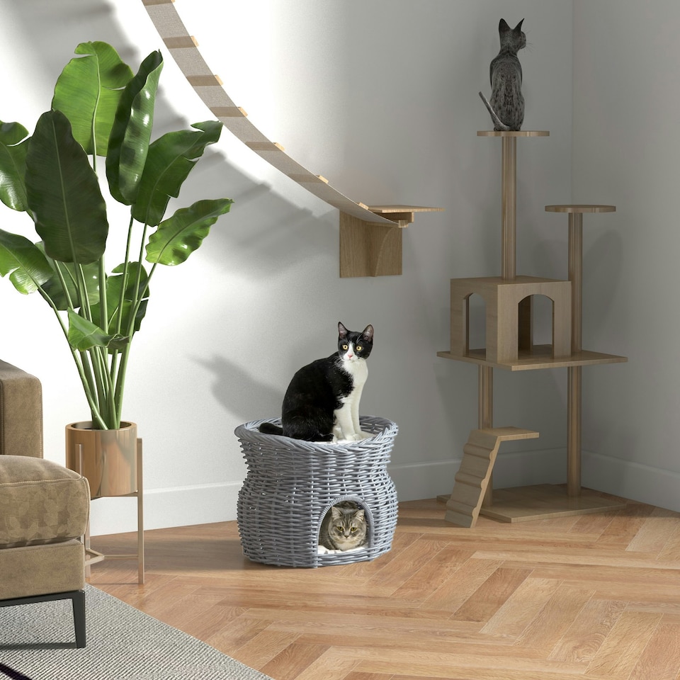 image 1 of PawHut 2-Tier Elevated Pet Cushion Bed Basket Willow Cat Tree House Condo Kennel