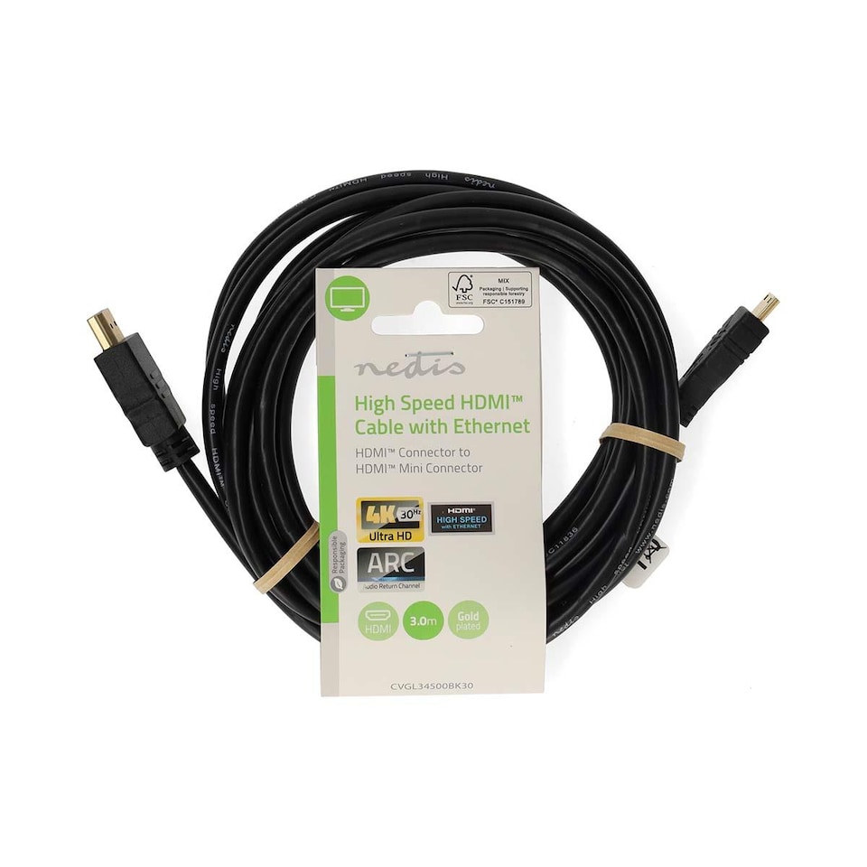 image 1 of Nedis 3m High Speed Mini HDMI Cable with Ethernet HDMI to HDMI Mini 4K UHD