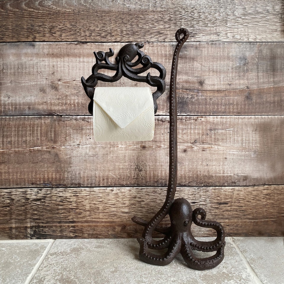 image 1 of Cast Iron Octopus Shaped Loo Roll Holder Store and Wall Dispenser Set