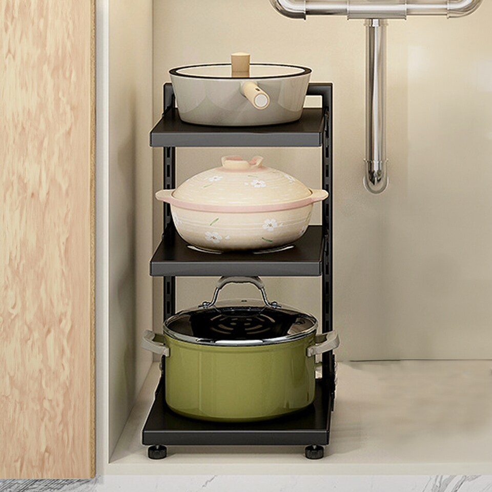 image 1 of Living and Home 3-Tier Adjustable Kitchen Pot Pan Rack Organizer | Black