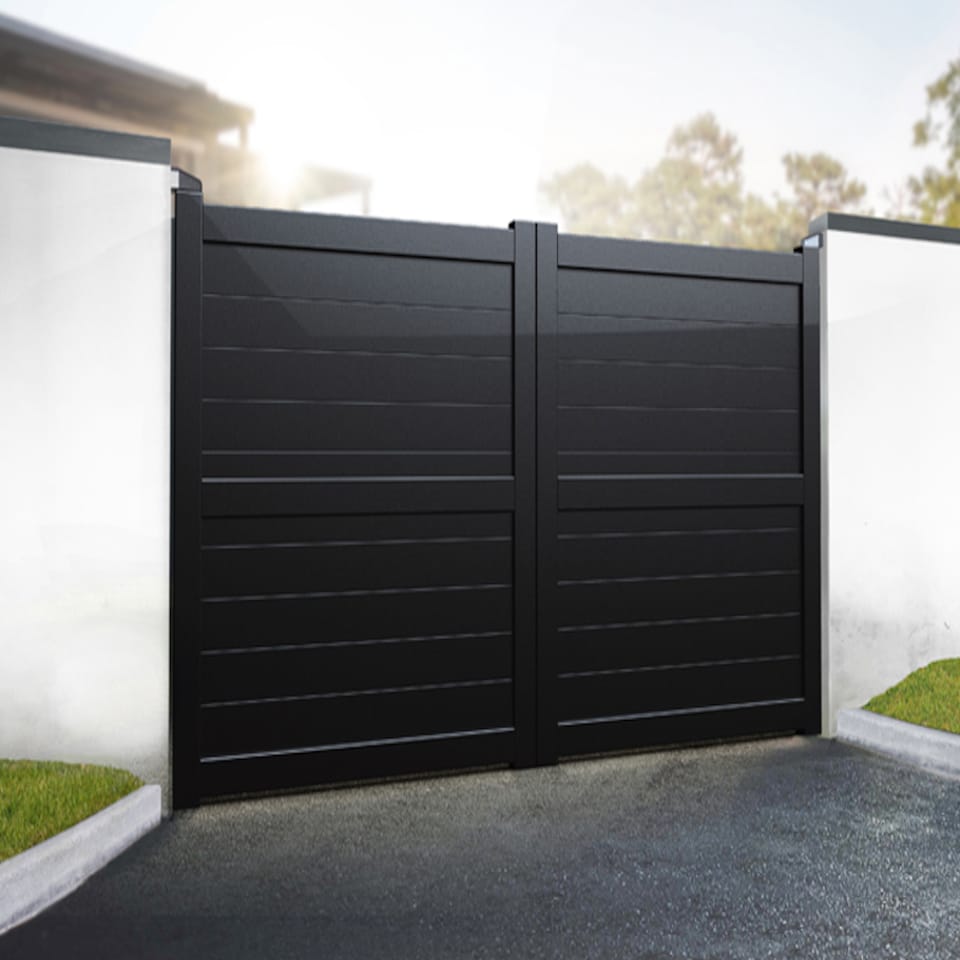 image 1 of Double Swing Gate 3750x1800mm Black - Horizontal Solid Infill and Flat Top | Black | 1