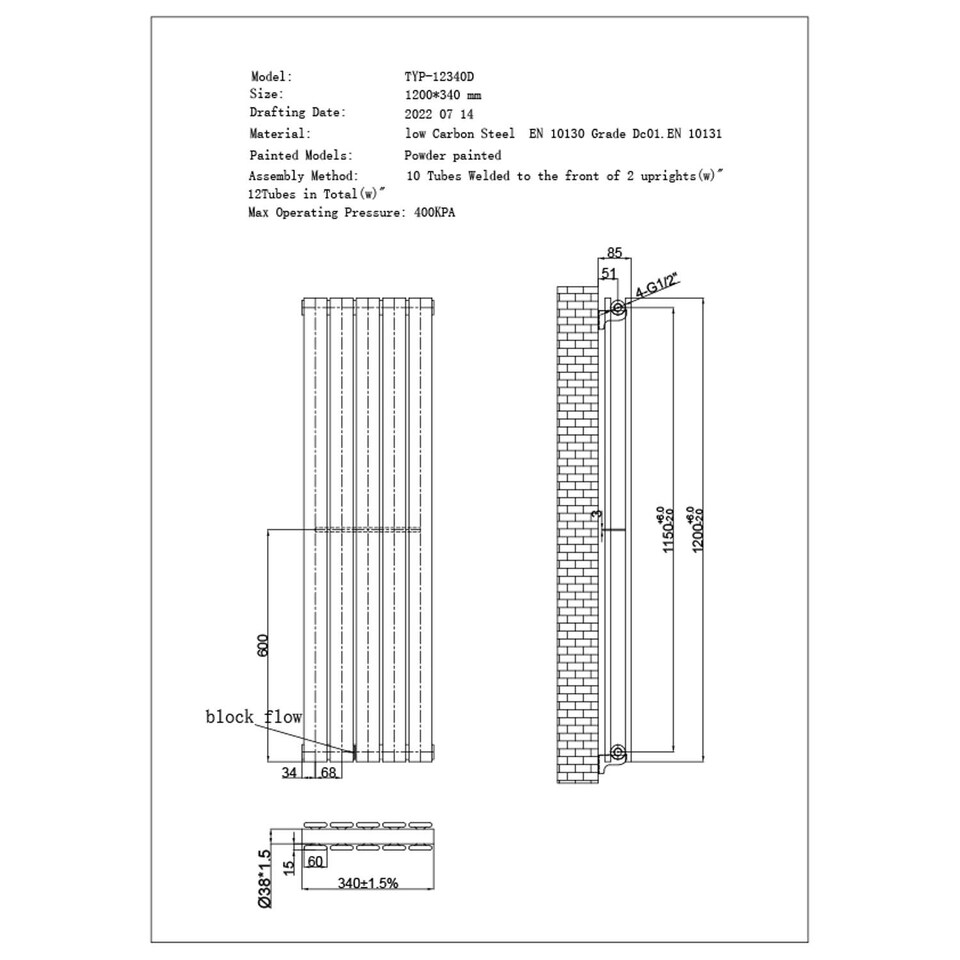 image 1 of Typhoon Vertical Double Panel Bathroom Radiator - Anthracite Grey (H) 1200mm x (W) 340mm