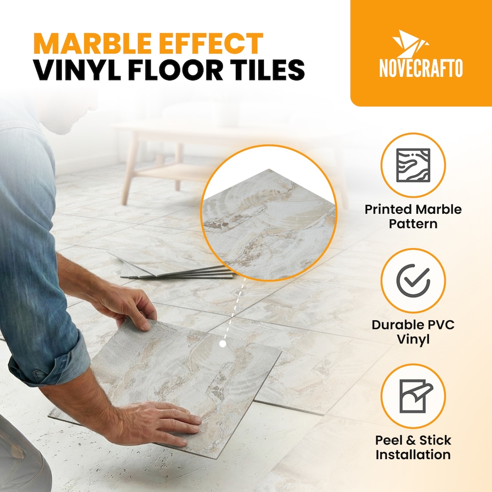 image 1 of NOVECRAFTO Vinyl Floor Tiles Self Adhesive – 12x12in Peel and Stick Flooring for Kitchen, Bathroom & Living Room – Beige Marble Flow Design | Brown | 2.79 sqm
