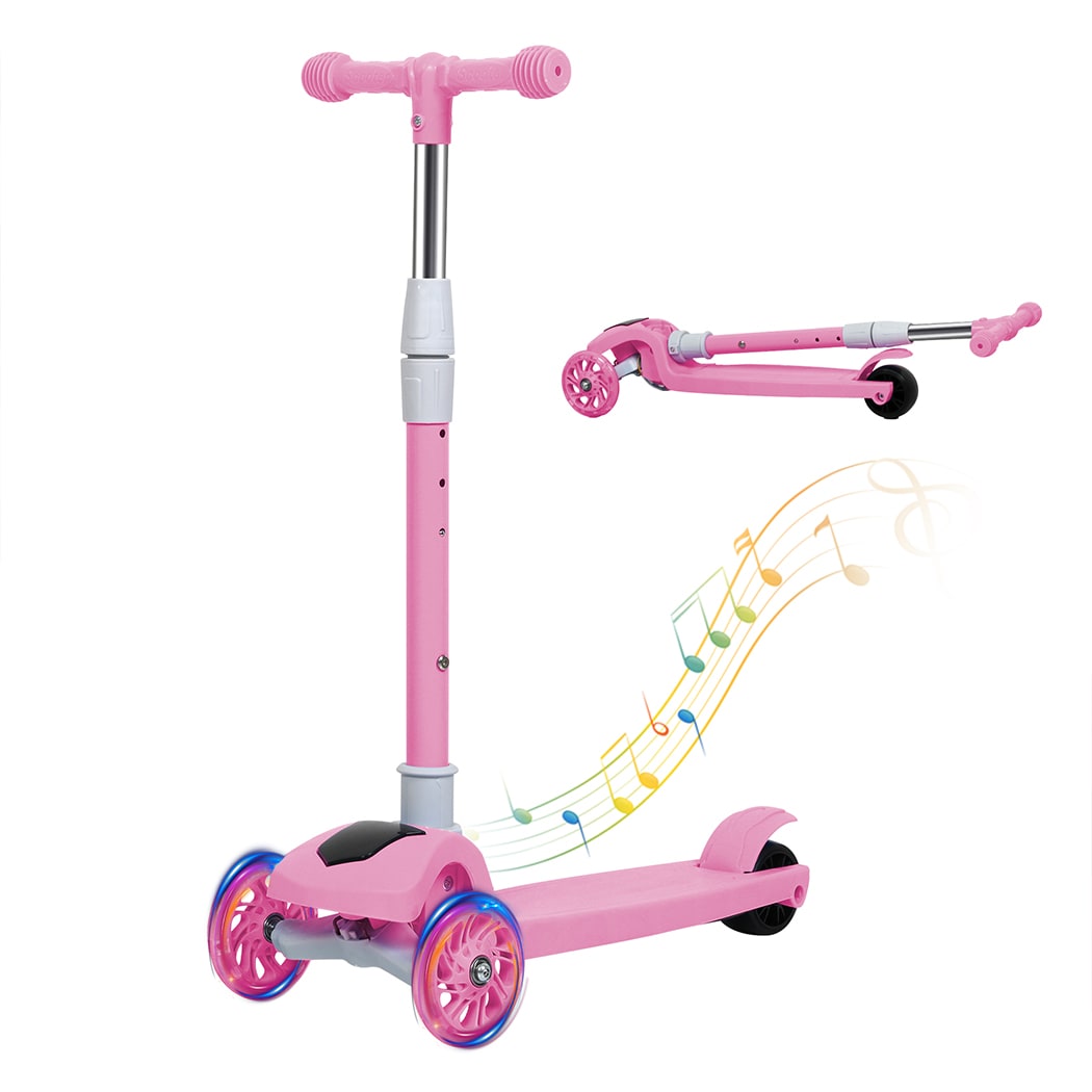 Dekko Foldable Kids Scooter Adjustable Height Flash LED Music 3 Wheels | Pink | Pink
