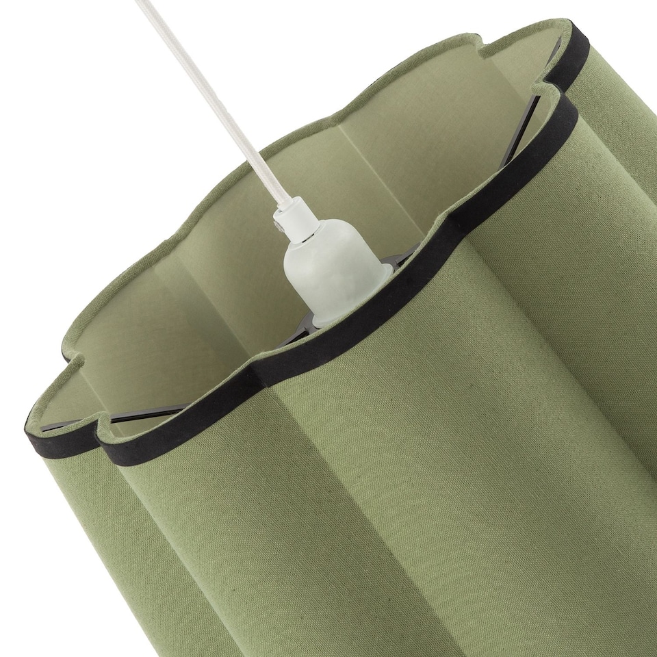 image 1 of Olive Green Linen Scallop Drum Lamp Shade with Black Cotton Trims | Green | Olive Green | 1