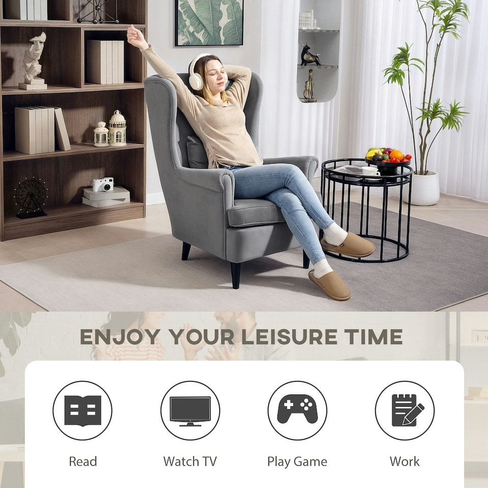 image 1 of HOMCOM Wingback Chair, Modern Accent Chair for Living Room Bedroom Grey