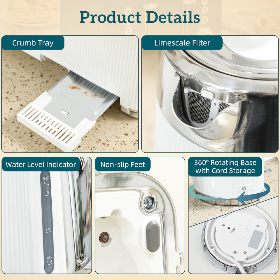 image 1 of HOMCOM 1.7L 3000W Rapid Boil Kettle and 4 Slice Toaster Set Crumb Tray White | White