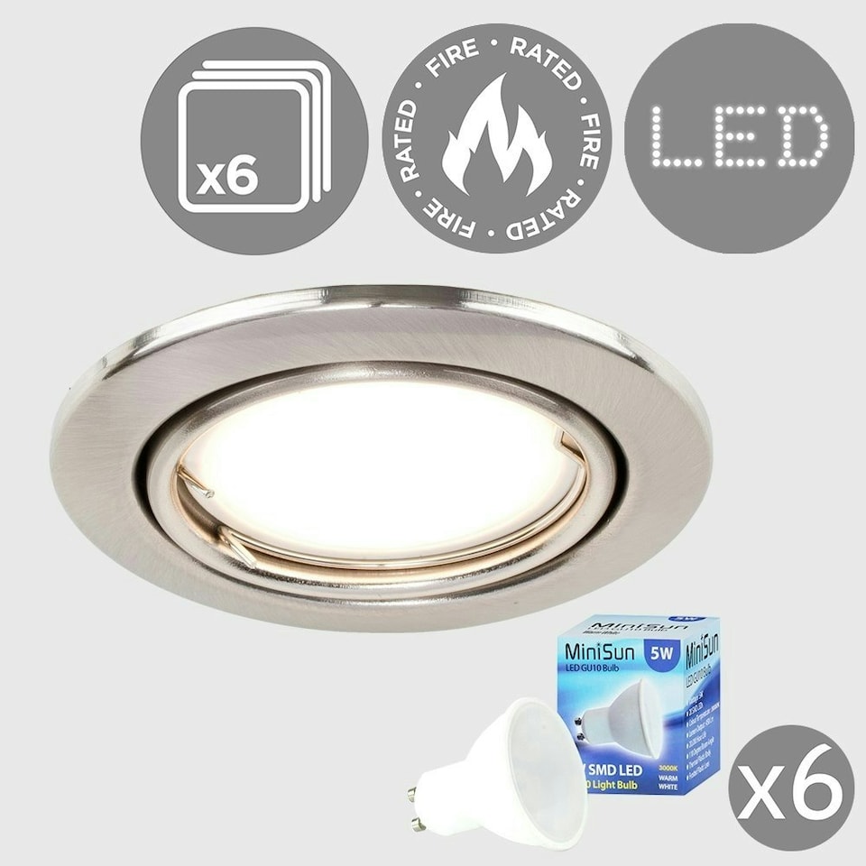 image 1 of ValueLights Pack of 6 Fire Rated Brushed Chrome Tiltable GU10 Recessed Ceiling Downlights - Complete with 5w LED Bulbs 3000K Warm White