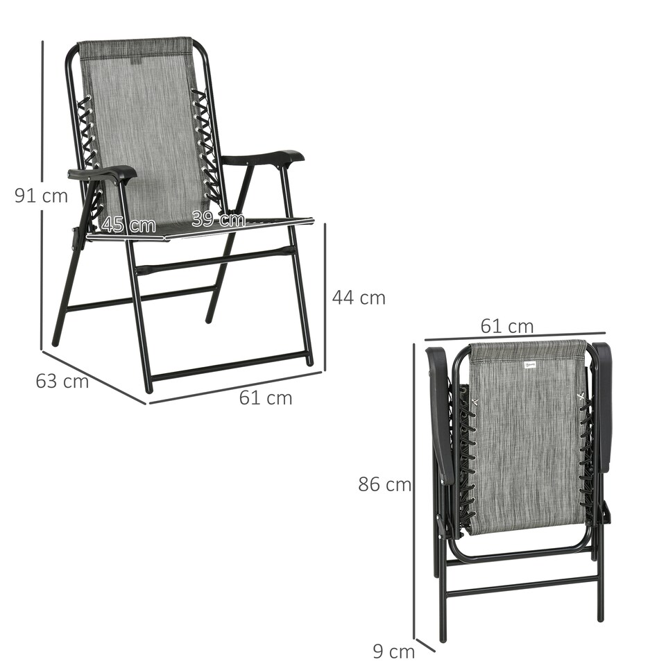 image 1 of Outsunny Set of 2 Patio Folding Chair Set, Garden Portable Outdoor Chairs with Armrest and Breathable Mesh Fabric Seat and Backrest, for Camping, Beach, Deck, Lawn, Grey