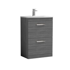 Balterley Millwich Contemporary 2 Drawer Floor Standing Vanity Unit with Curved Basin, Anthracite Woodgrain, 600mm