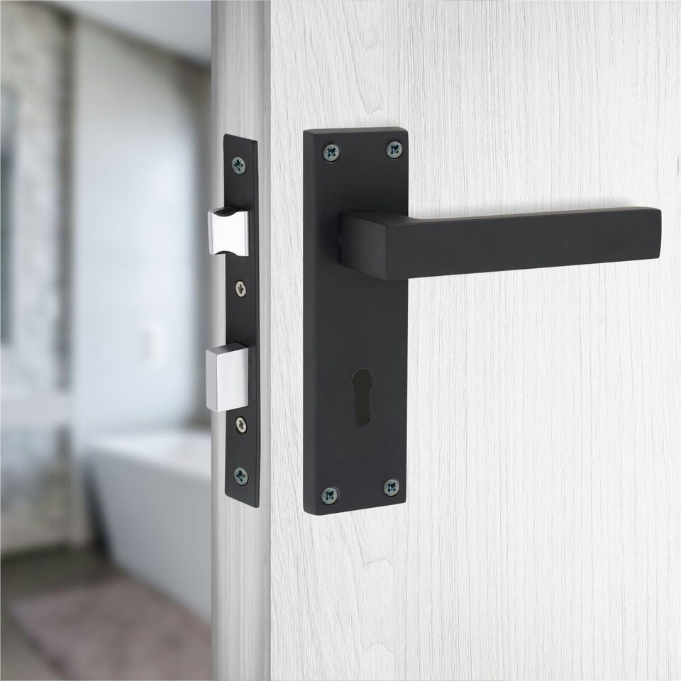 image 1 of Golden Grace Victorian Straight Delta Door Handles Lever in Matt Black with 64mm 3 Lever Lock Set - 150mm x 40mm Backplate Black