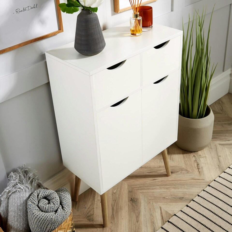 image 1 of Sideboard Storage Cabinet With Drawers Cupboard Solid Wood Legs White | 2 Door 2 Drawers