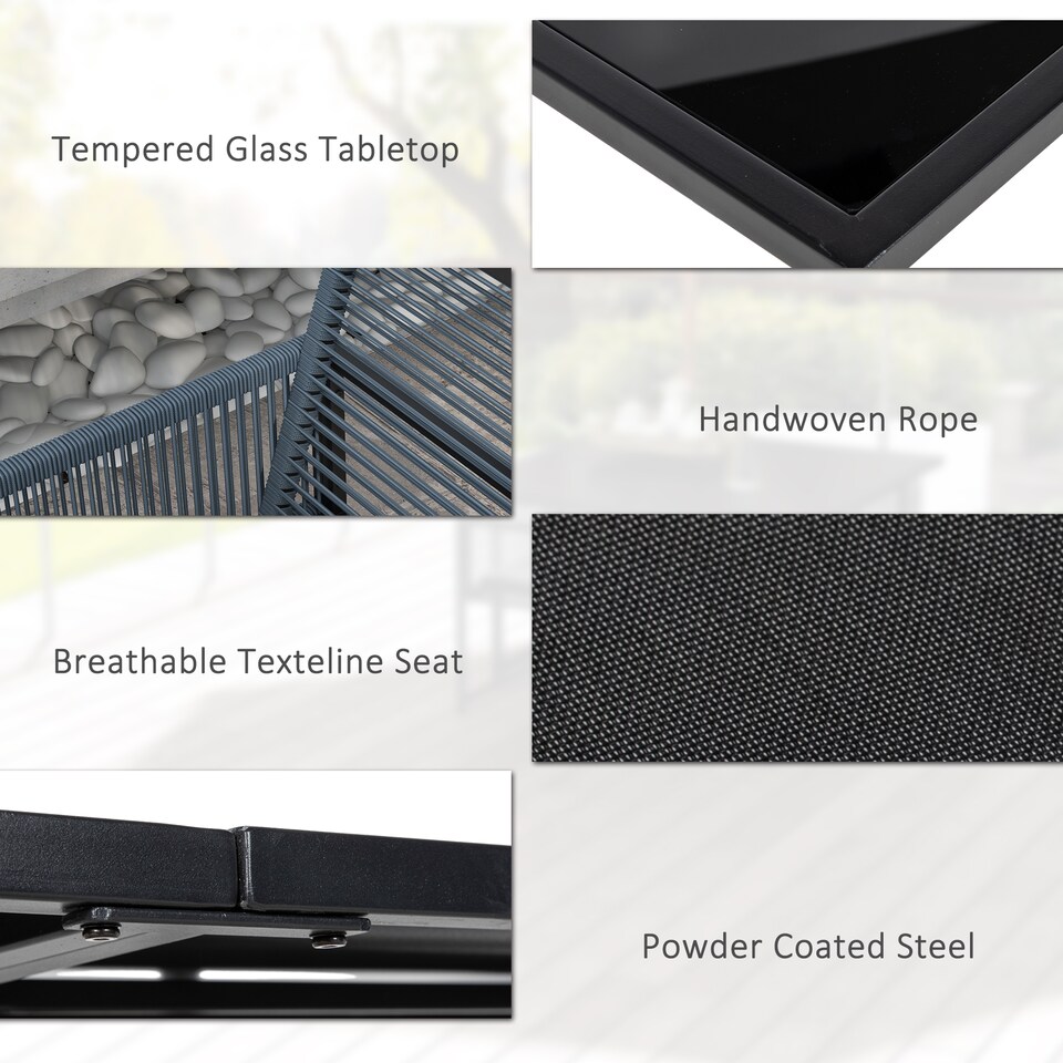 image 1 of Outsunny 5 Pieces Garden Dining Set, Outdoor Patio Cube Set, 4 Seater Outdoor Table and Chairs with Foldable Backrest, Tempered Glass Top, Handwoven Rope for Poolside, Space Saving, Dark Grey