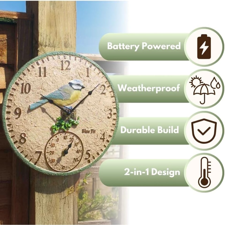 image 1 of Marco Paul 30cm Blue Bird Design Garden Clock and Thermometer Blue