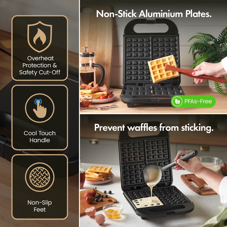 image 1 of Vonshef Waffle Maker Large 4 Slices, Non-Stick Plates, 1400W