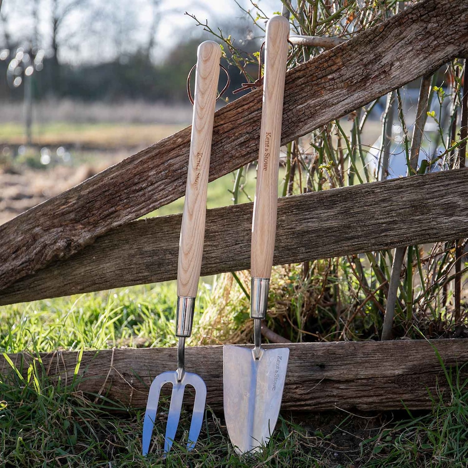 image 1 of Kent & Stowe Border Midi Hand Trowel and Fork Set, Ash Handles, Stainless Steel | Brown | 1 x Trowel, 1 x Fork | 1