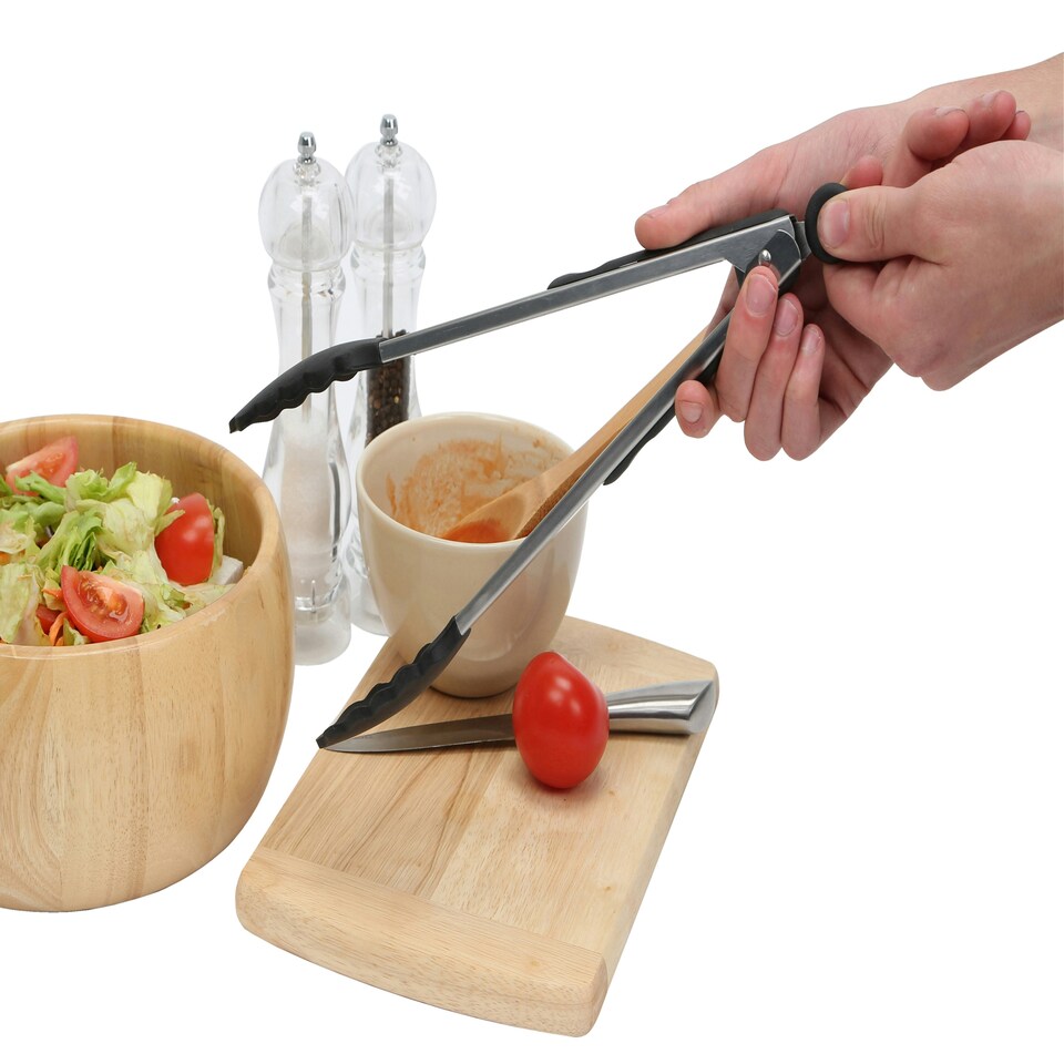 image 1 of Interiors by Premier Black Silicone and Stainless Steel Tongs, Heat-Resistant Grip for Safe Cooking, Non-Stick Friendly Design