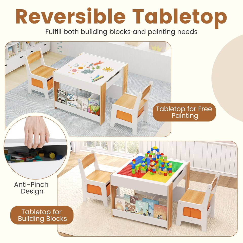 image 1 of COSTWAY Kids Table and 2 Chairs Set Multifunctional Natural
