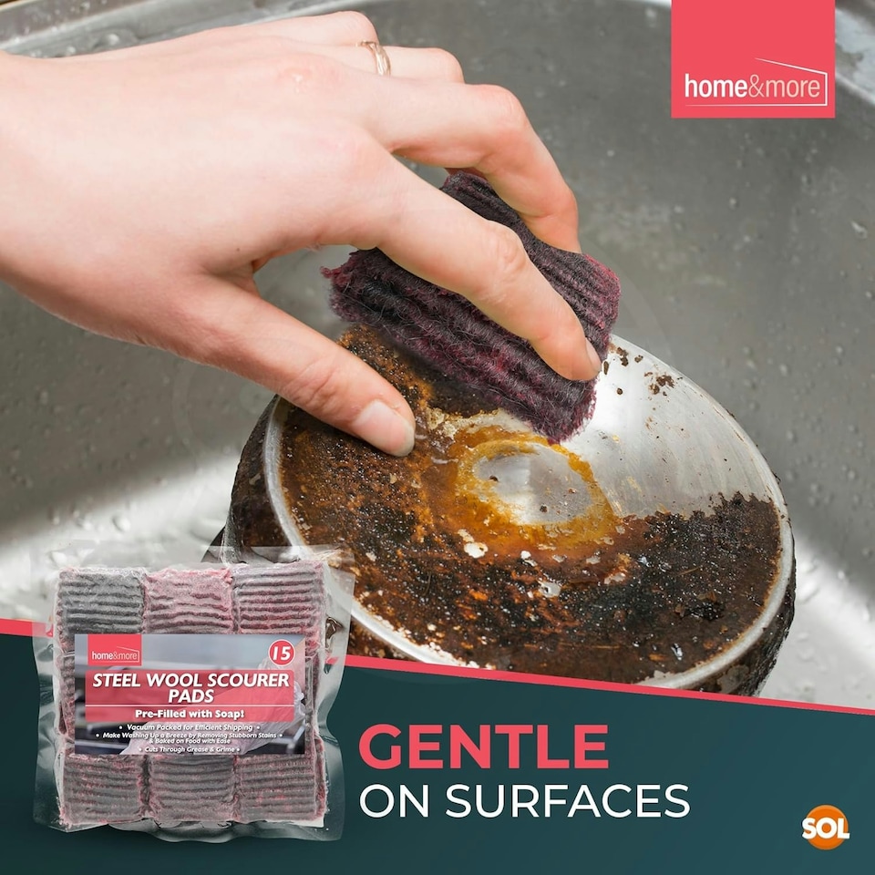 image 1 of SOL 15pk Steel Wool Scourer Pads, Heavy Duty Soap Filled Scouring Pads for Pots