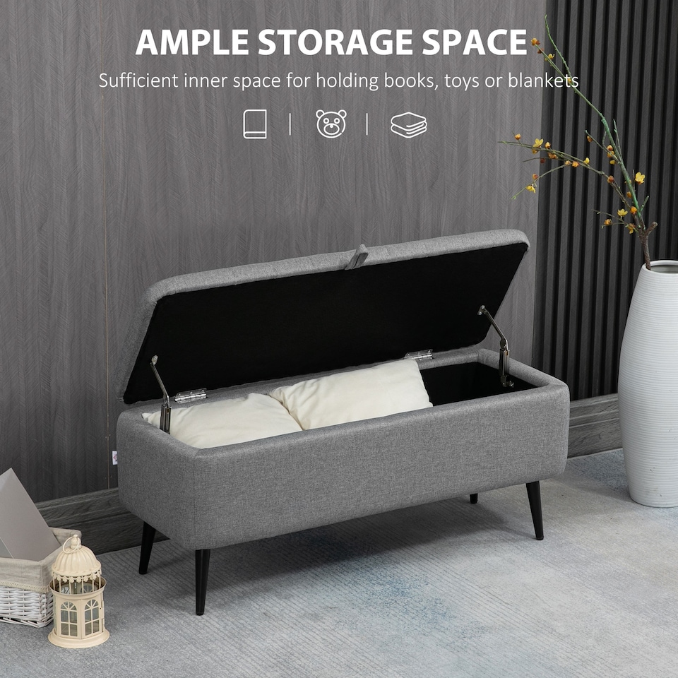 image 1 of HOMCOM Storage Ottoman Bench, Linen Fabric Footstool with Steel Legs Grey