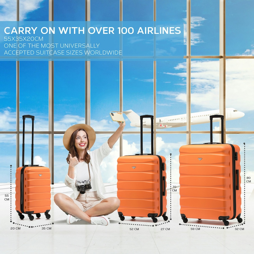 image 1 of Flight Knight Set of 3 Lightweight 4 Wheel ABS Hard Case Suitcases Cabin & Hold Luggage, 100+ Airlines Approved - easyJet, British Airways, Ryanair, Jet2 Orange | Orange / Black