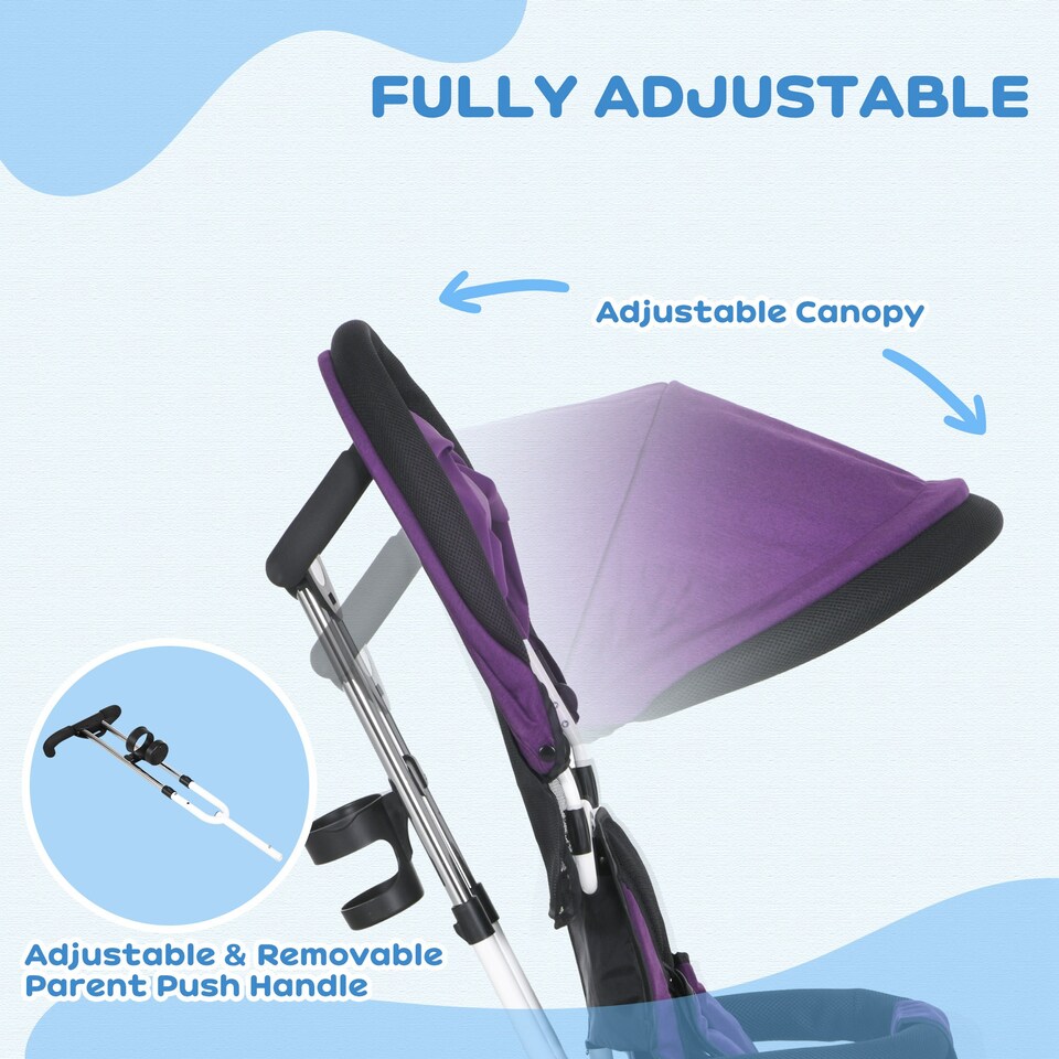 image 1 of HOMCOM 6 in 1 Trike, Kids Tricycle, Pedal Push Bike with Parent Handle, Removable Canopy, 5-Point Safety Belt, Storage, Footrest, Brake, for 1-5 Years Toddler, Purple