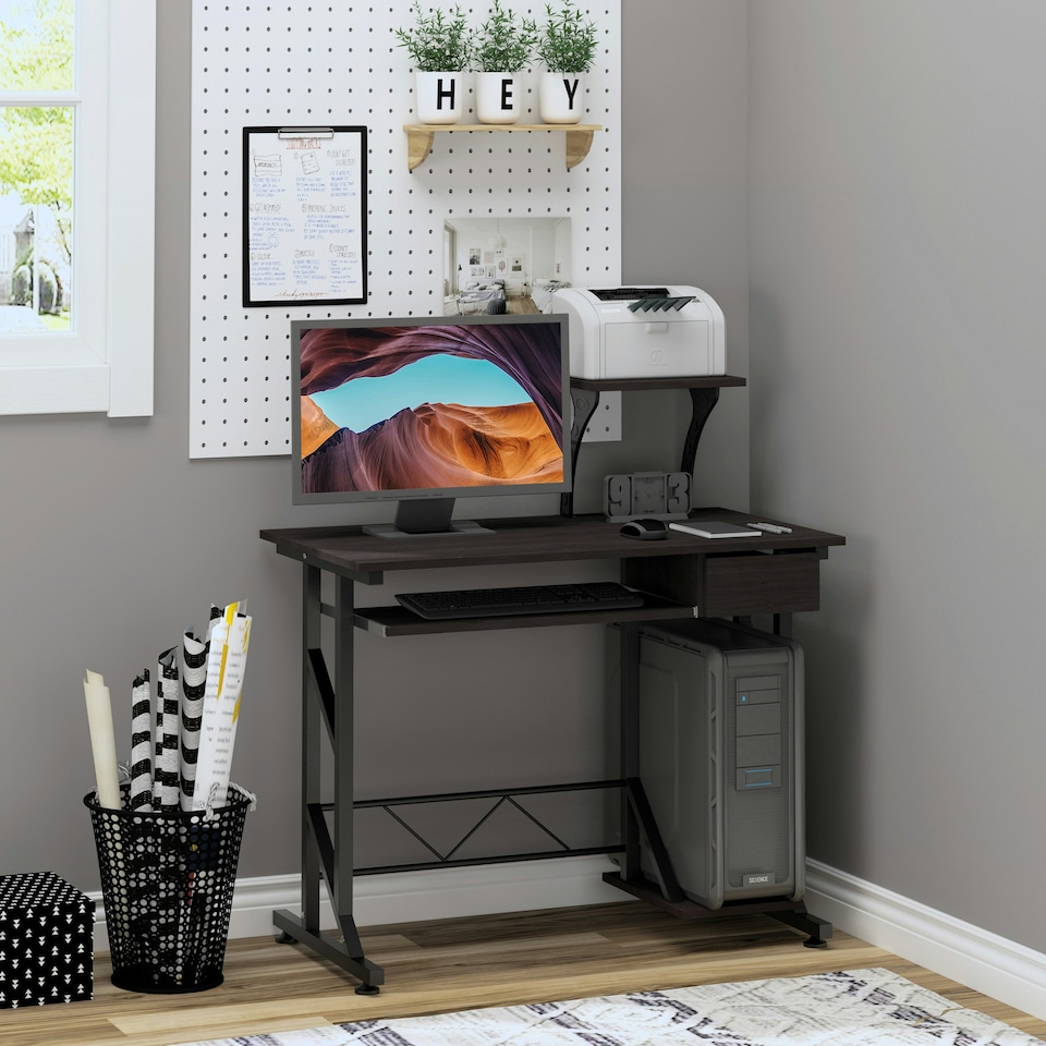 image 1 of HOMCOM Computer Desk Quality Office Home PC Shelf Tray Wood Station Dark Brown