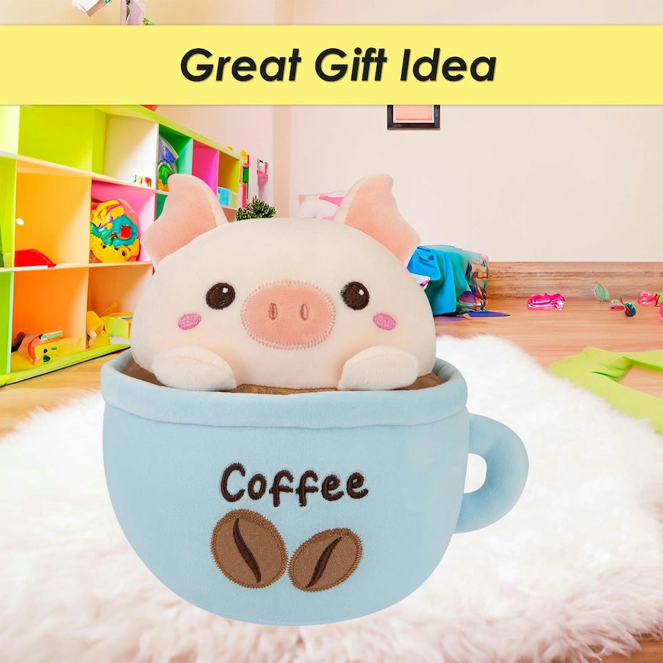 image 1 of Pig Coffee Cup Soft Toy Cute Plushie Huggable Cuddly Stuffed Toy 20cm Blue