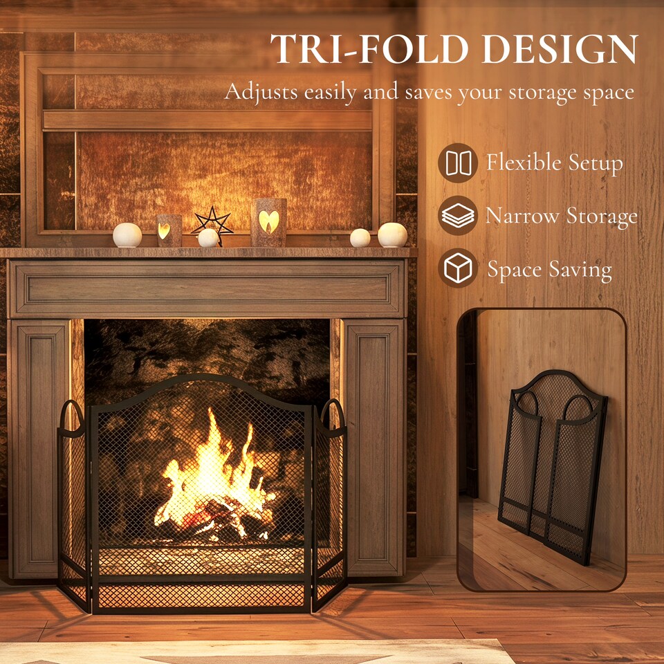 image 1 of HOMCOM Floral 3-Panel Folding Fireplace Screen for Protection, Black