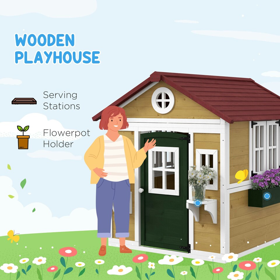 image 1 of Outsunny Wooden Playhouse with Doors, Wooden, Plant Pots for Kids - Beige