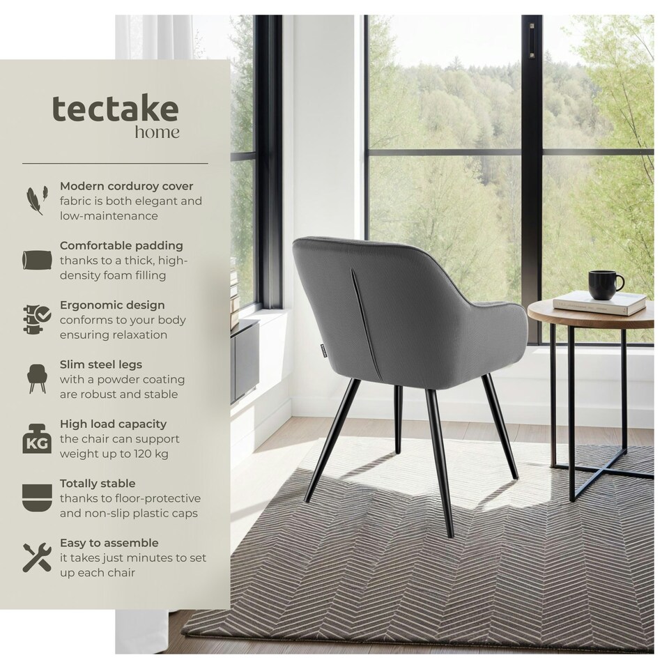 image 1 of Dining Chair Marilyn - corduroy look, upholstered, armchair, continuous backrest - per piece Grey | Grey/Black