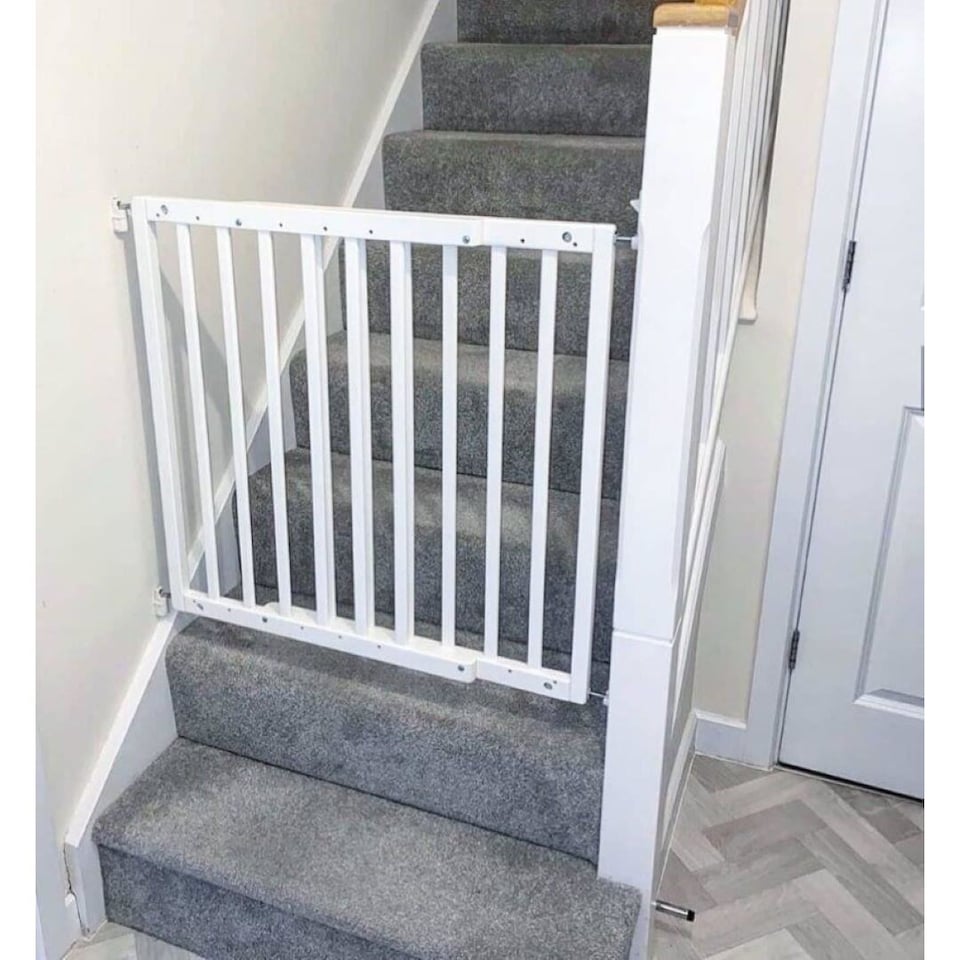 image 1 of Safetots Top of The Stairs Screw Fitted Stair Gate, White Wooden, 63.5cm - 105.5cm, Wood Baby Gate, Stylish Safety Gate | White | 1