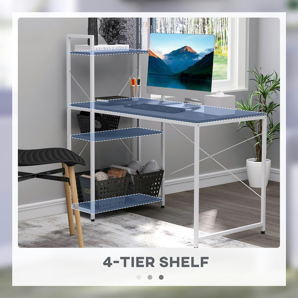 image 1 of HOMCOM Computer Desk Laptop Table w/4-tier Bookshelf Metal Frame Black, White