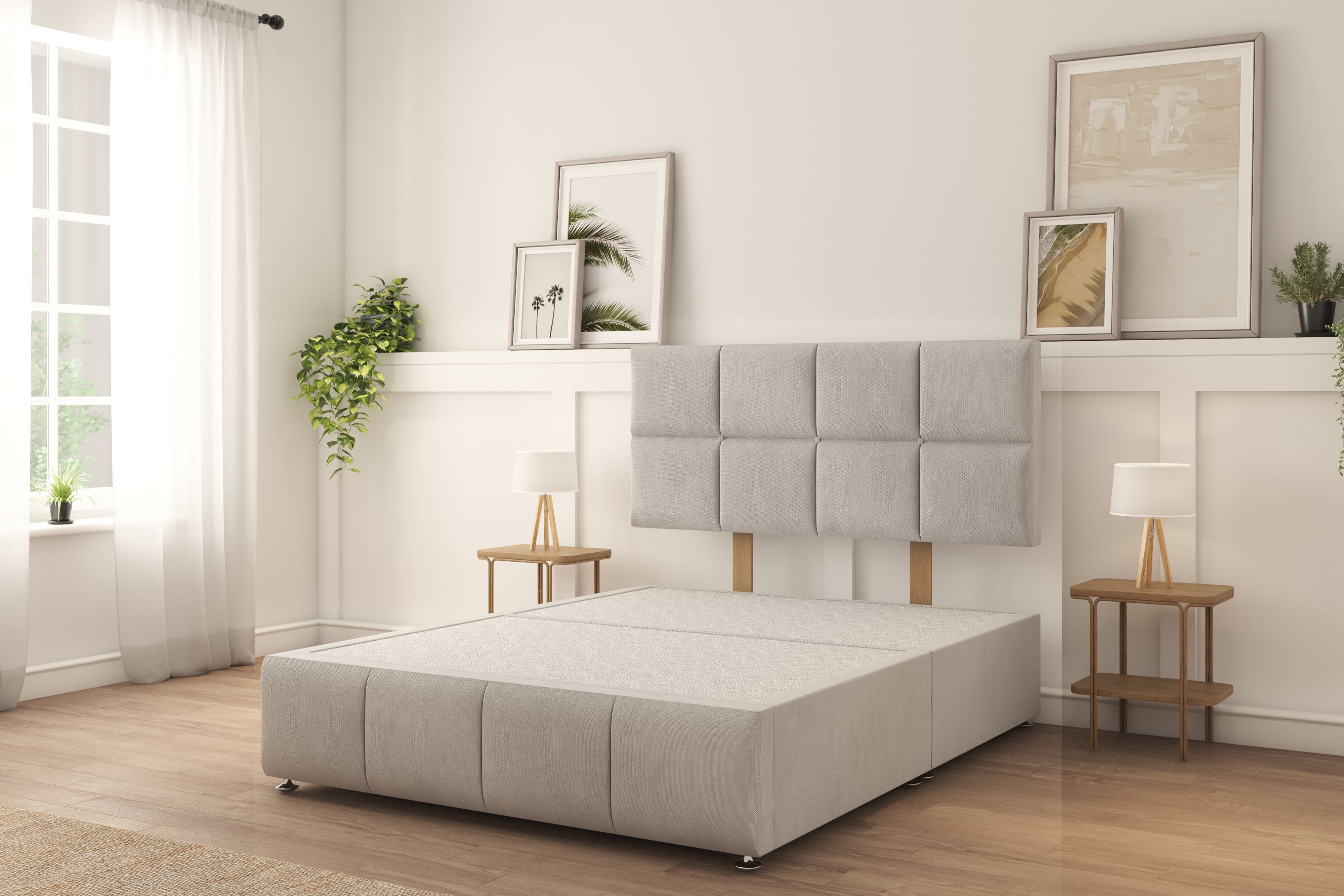 Sloomy Sterling Silver Naples Divan Bed Base No Drawers With 26" Strutted Headboard & 12" Footboard 4' Small Double