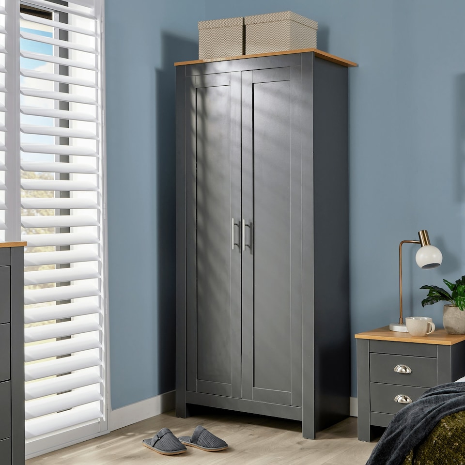 image 1 of Wardrobe 2 Door Bedroom Furniture Clothing Storage Oak Top Wooden Unit Grey