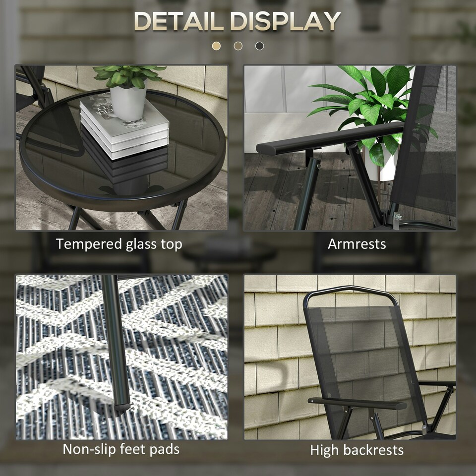 image 1 of Outsunny Bistro Set Folding Chairs & Coffee Table for Balcony, Black Black | Black