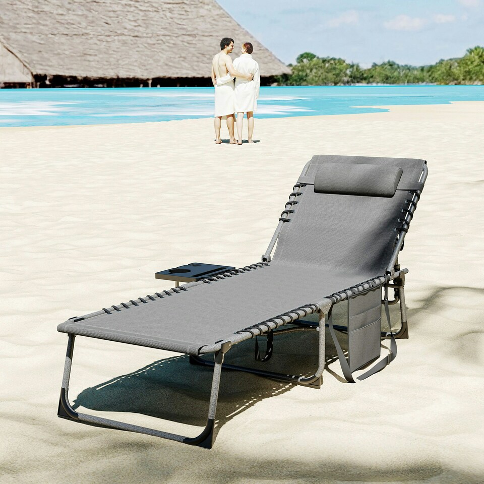 image 1 of Outsunny Folding Sun Lounger with 5-Level Reclining Back, Side Table, Beige