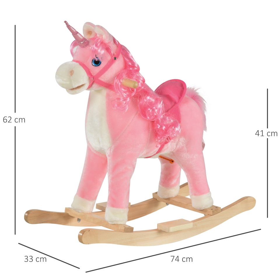 image 1 of HOMCOM Kids Plush Rocking Horse Ride On Unicorn with Sound Moving Mouth Wagging Tail Children Rocker Toy Gift 3-6 Years Pink