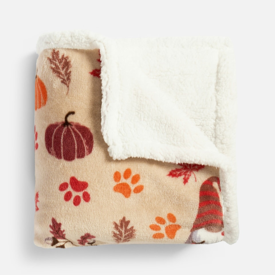 image 1 of OHS Autumnal Pumpkin Paw Print Soft Cosy Warm Sherpa Fleece Reverse Pet Dog Cat Crate Blanket Cream | Natural | One Size