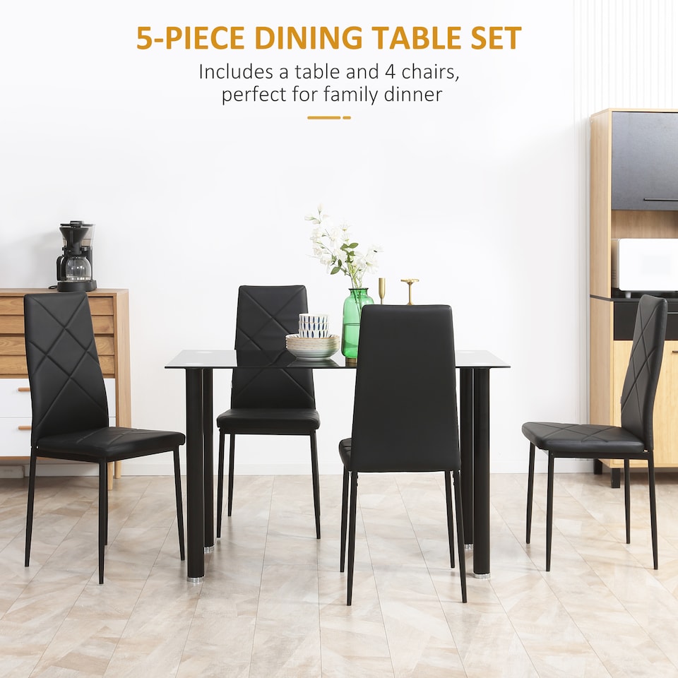 image 1 of HOMCOM Dining Table and Chairs Set 4, Space-Saving Kitchen Table and Chairs Set 4 with Faux Leather Padded Seat and Tempered Glass Top, Dining Room Sets, Black