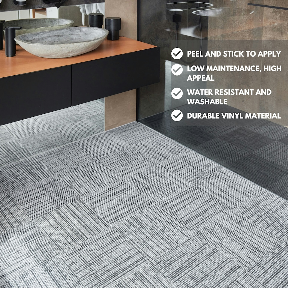 image 1 of NOVECRAFTO Peel & Stick Floor Tiles – Grey Carpet Effect, 12x12in (30.5x30.5cm), Self Adhesive, Durable, Easy Clean, Carpet Imitation Style Grey | 2.79 sqm