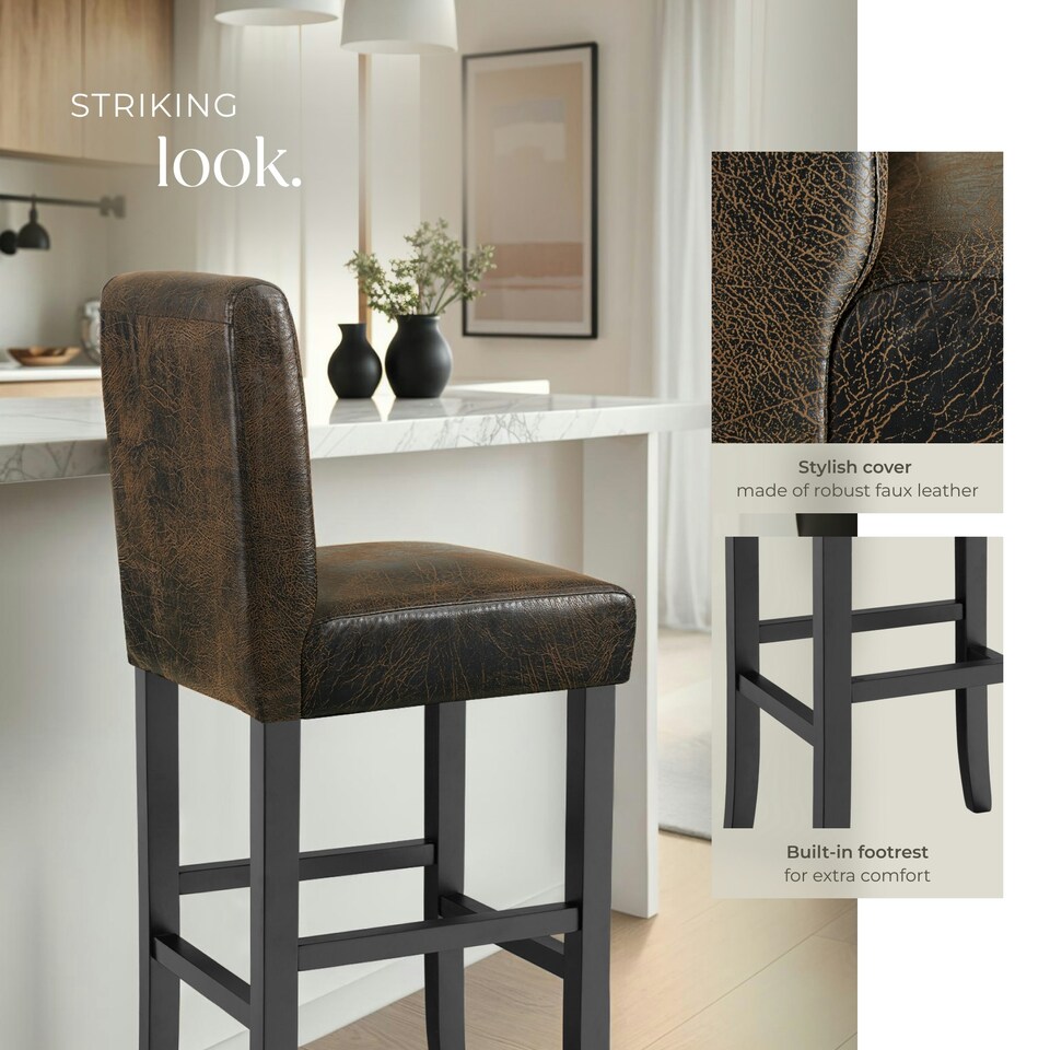 image 1 of Bar Stool - padded backrest, synthetic leather, with footrests - Set of 2 Brown | Antique Brown