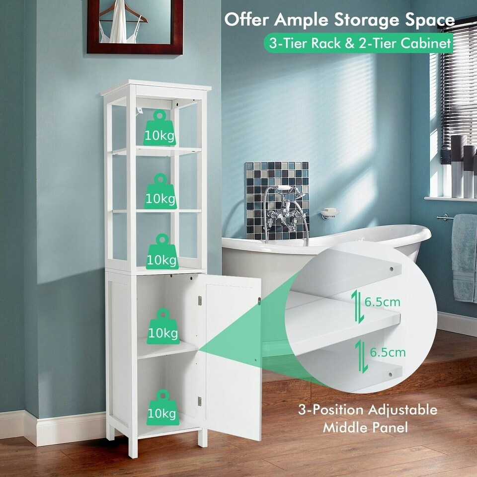 image 1 of COSTWAY 3-Tier Shelf Bathroom High Cabinet Floor Storage Organizer White
