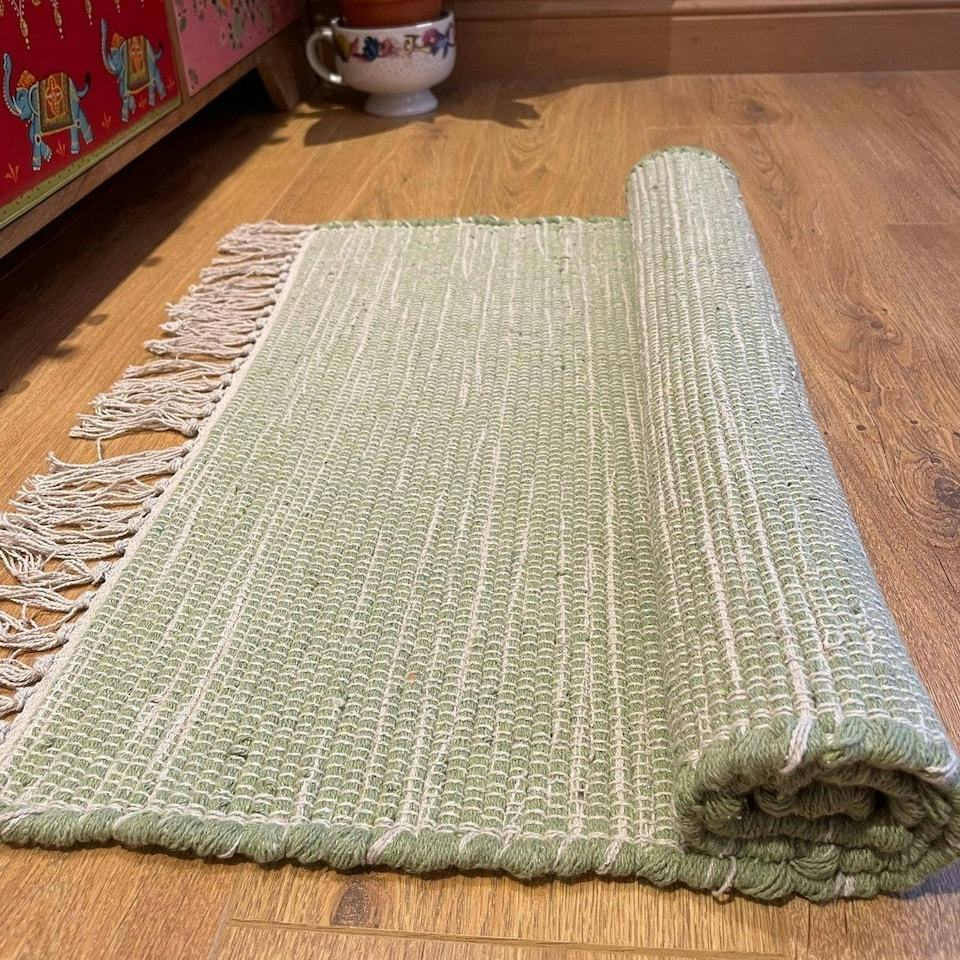 image 1 of Hush Hand Loomed Soft Rug in Muted Colours - Cotton - L60 x W90 cm - Pale Green