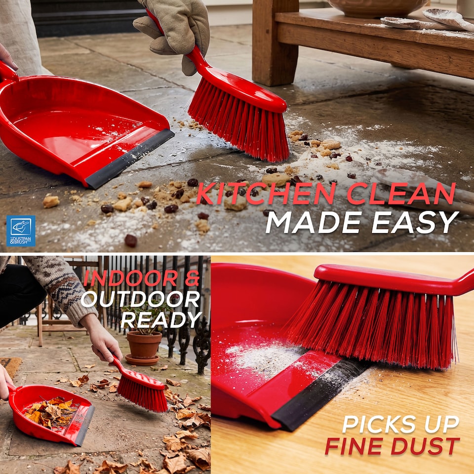image 1 of Colour Coded Dustpan and Brush Sets Wide Plastic Dustpan with Rubber Lip and Soft Bristle Brush