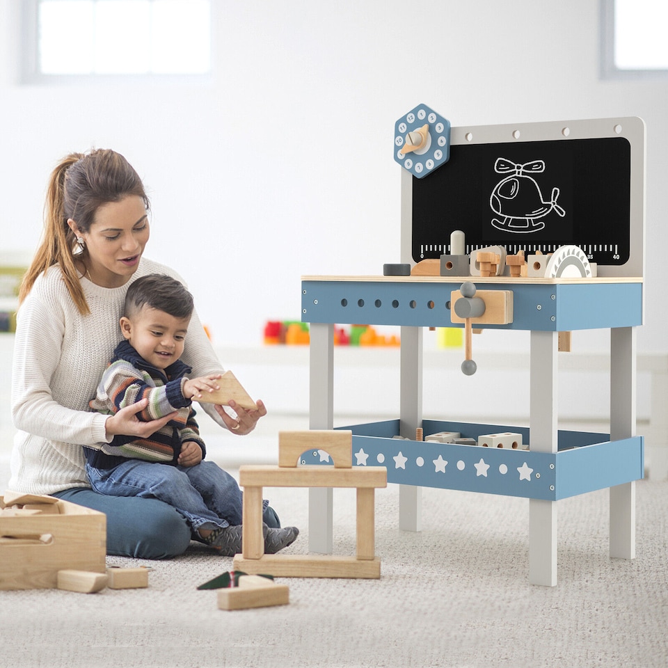 image 1 of COSTWAY Kids Workbench Toy Large Wooden Tool Bench Toddler Pretend Play Workbench