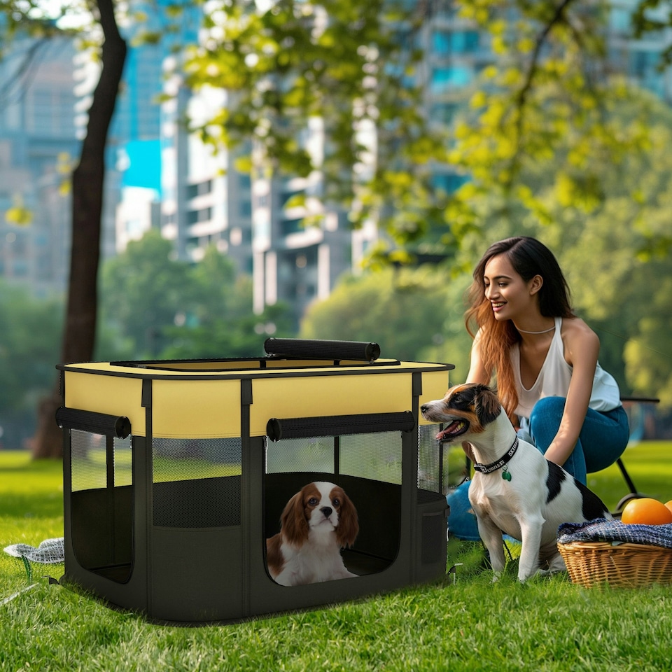 image 1 of PawHut Portable Dog Pen for Puppies, Rabbits, Kittens, Guinea Pigs - Yellow