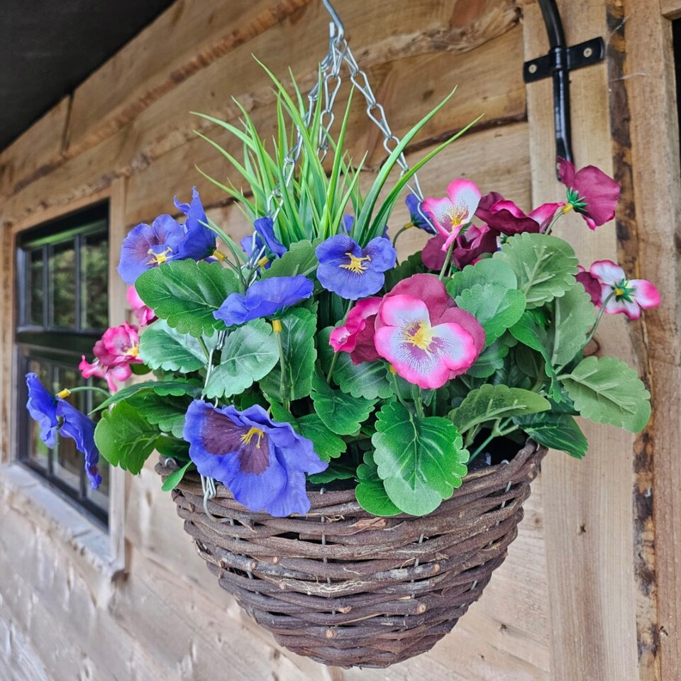 image 1 of Best Artificial Plum & Lilac Pansy Flower with Decorative Rattan Hanging Basket for Indoor or Outdoor Use | Purple | Plum & Lilac | 1