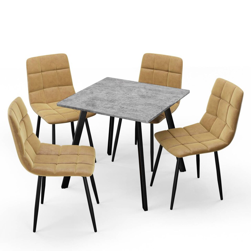 image 1 of 5-Piece Dining Set - 80cm Square Table and 4 Upholstered Velvet Chairs with Metal Legs | Grey | Concrete & Curly Yellow | 5