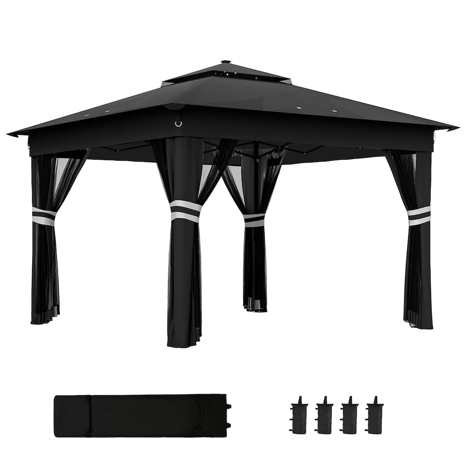 image 1 of Outsunny 3x3(m) Pop Up Gazebo w/ Solar-Powered LED Lights Netting Black